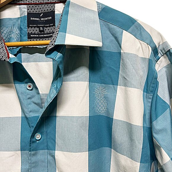 Daniel Hechter Paris Non Iron Turquoise White Bold Check Pineapple Shirt Size XL - Picture 3 of 7